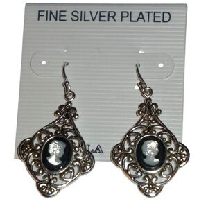 Cameo Dangle Earrings, Fine Silver Plated Black & White, Filagree Diamond Shape